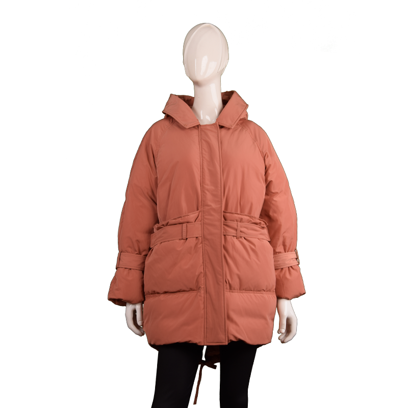 女士翻领中长腰带款羽绒服